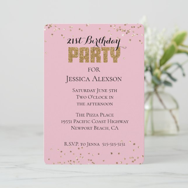 Invitación Purpurina de Confetti de Oro Rosado Cumpleaños (Anverso de pie)