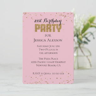 Invitación Purpurina de Confetti de Oro Rosado Cumpleaños