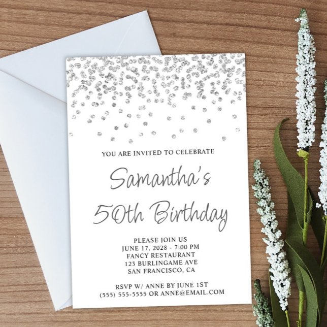 Invitación Purpurina de Confetti Plata 50 años (Create your own birthday invitation.)