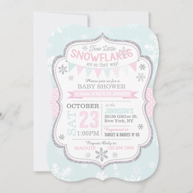 Invitación Purpurina de copo de nieve gemela Baby Shower (Anverso)