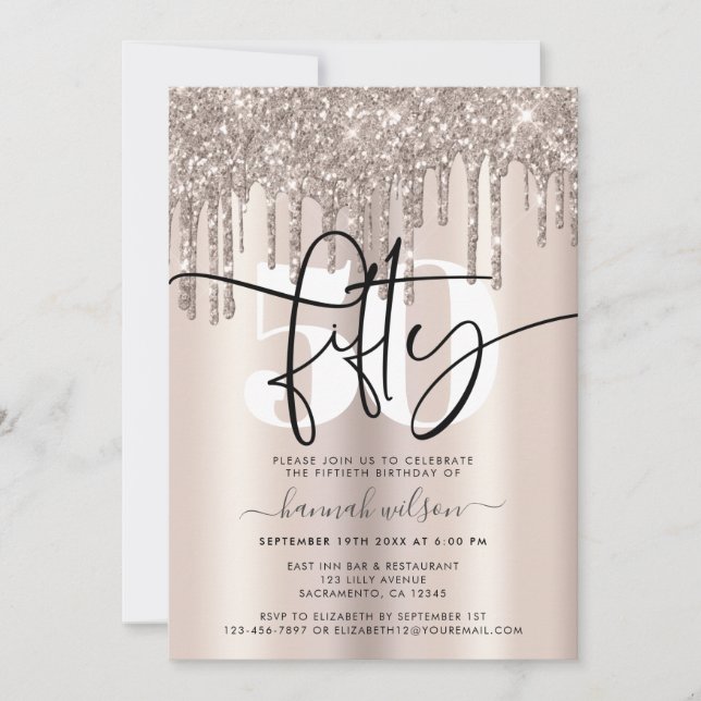 Invitación Purpurina de Crema Moderna Sparkly 50 cumpleaños  (Anverso)