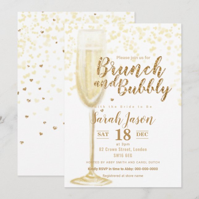 Invitación Purpurina de cristal de brunch y bubbly oro Inv (Anverso / Reverso)