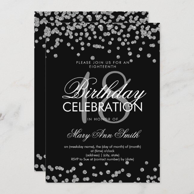 Invitación Purpurina de cumpleaños 18 Confetti Black (Anverso / Reverso)