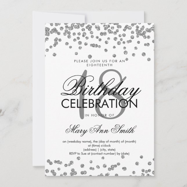 Invitación Purpurina de cumpleaños 18 Confetti White (Anverso)