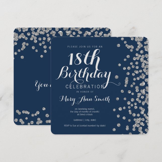 Invitación Purpurina de cumpleaños 18 de plata de la Marina C (Anverso / Reverso)