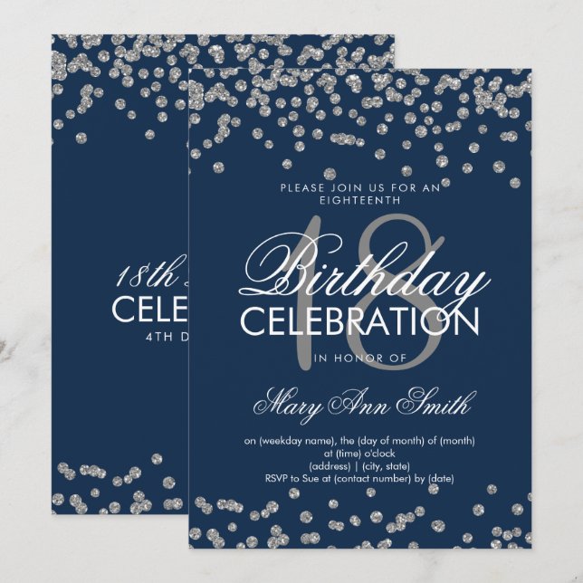 Invitación Purpurina de cumpleaños 18 de plata de la Marina C (Anverso / Reverso)