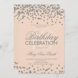Invitación Purpurina de cumpleaños 18 de plata Rosa de Confet