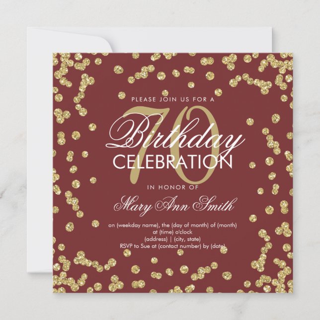Invitación Purpurina de cumpleaños 70 de Gold Burgundy Confet (Anverso)