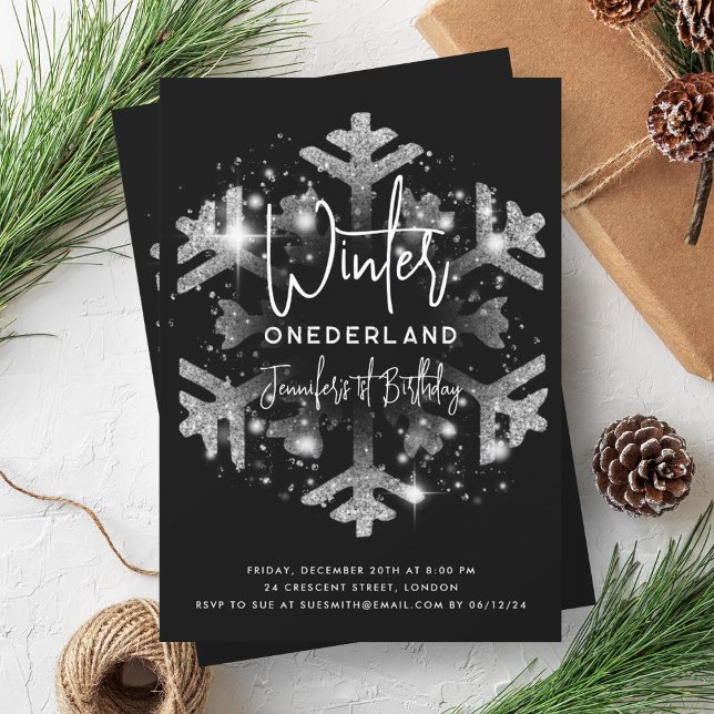 Invitación Purpurina de cumpleaños de Silver Winter ONEDERLAN (Silver Winter ONEDERLAND Birthday Glitter Black Invitation)
