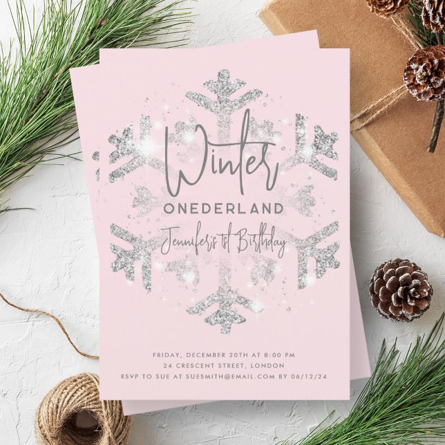 Invitación Purpurina de cumpleaños de Silver Winter ONEDERLAN (Silver Winter ONEDERLAND Birthday Glitter Blush Invitation)