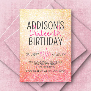 Invitación Purpurina de cumpleaños Rosa