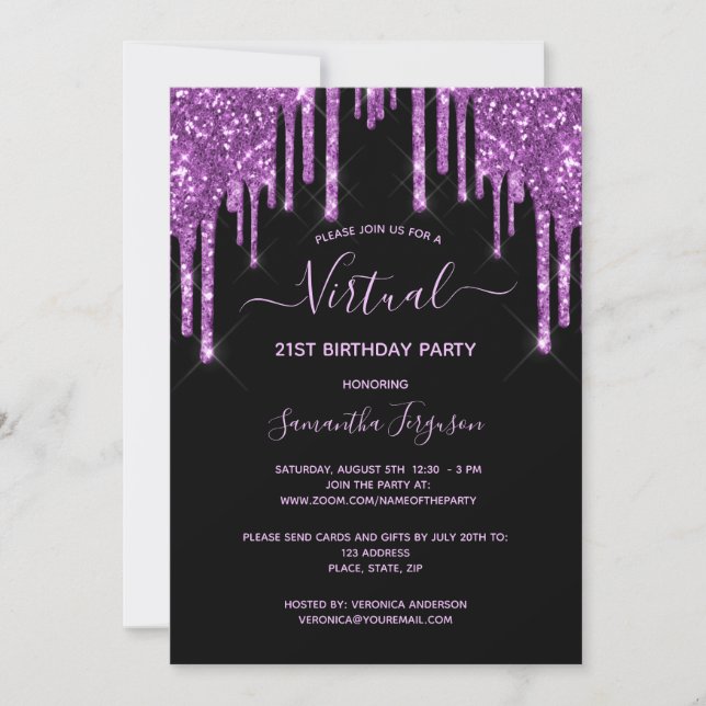 Invitación Purpurina de cumpleaños virtual goteo glam morado  (Anverso)