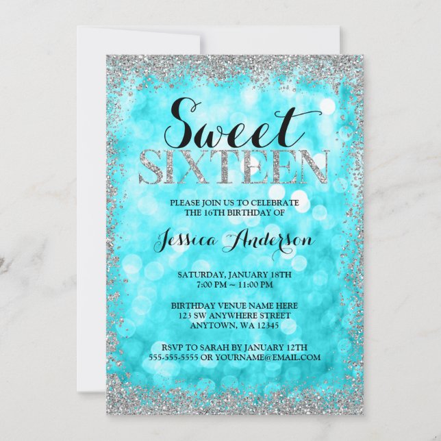 Invitación Purpurina de  de Faux Plata verde azulado Ilumina  (Anverso)