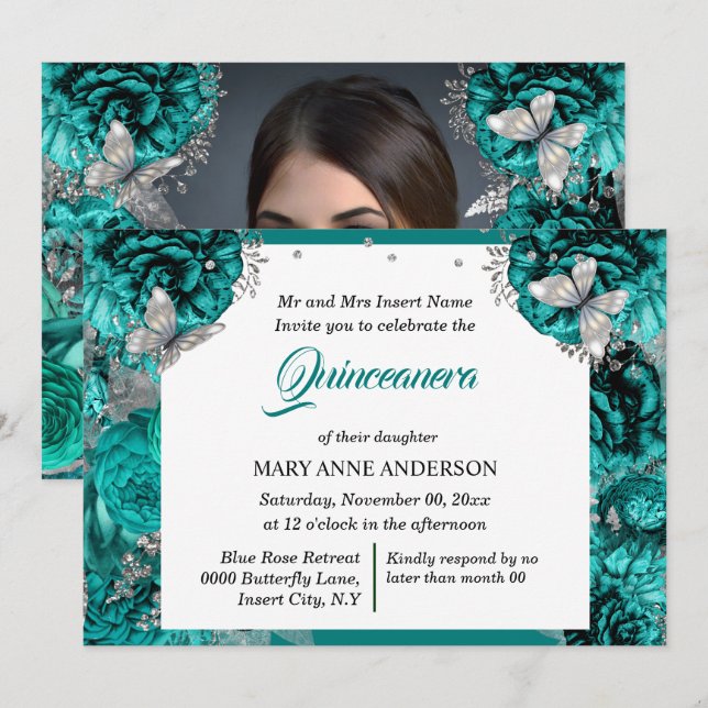 Invitación purpurina de  de FOTO plateado verde azulado marip (Anverso / Reverso)
