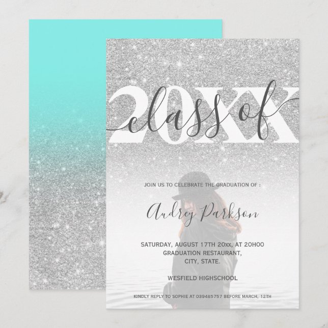 Invitación purpurina de  de plata azul verde azulado 2020 fot (Anverso / Reverso)