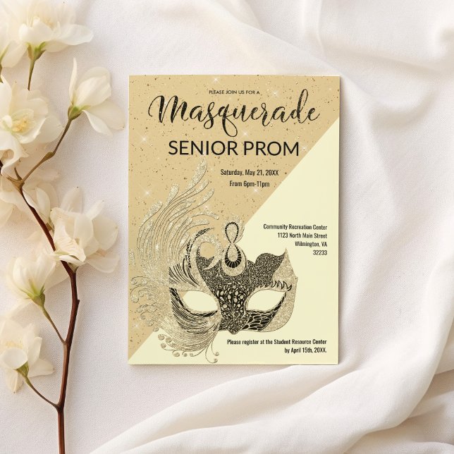 Invitación Purpurina de despedida de marfil de oro negro (Ivory Black Gold Sparkle Glitter Masquerade Prom)