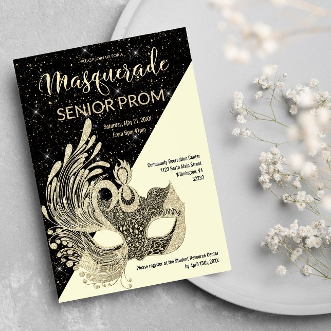 Invitación Purpurina de despedida de oro de marfil negro (Black Ivory Gold Sparkle Glitter Masquerade Prom)