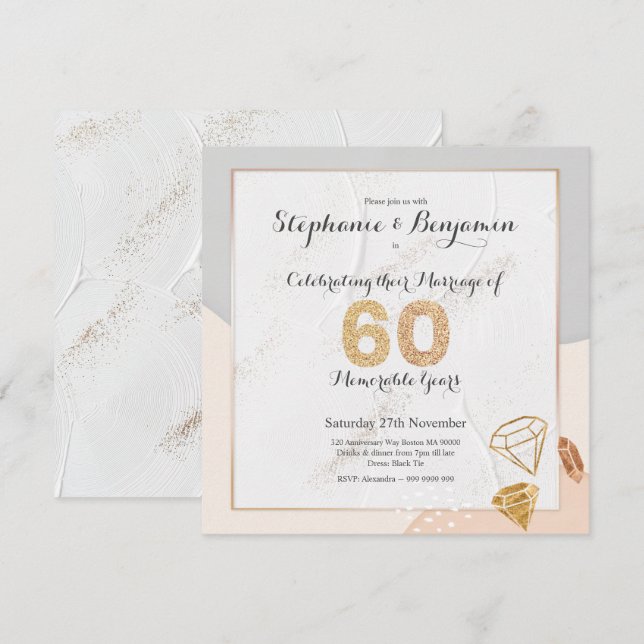 Invitación Purpurina de diamantes 60 aniversario Boda Elegant (Anverso / Reverso)