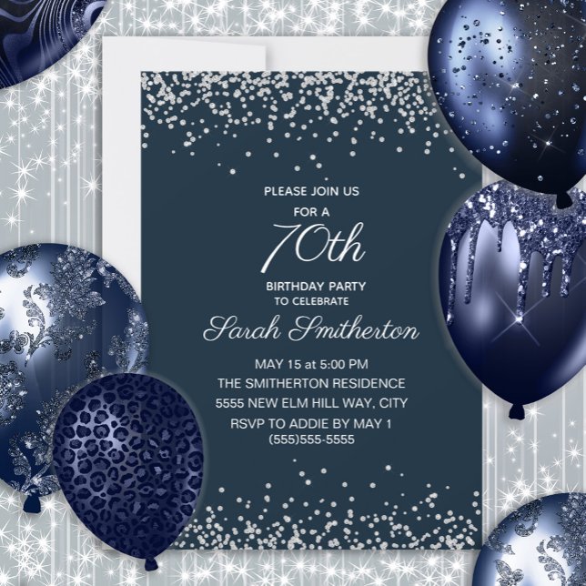 Invitación Purpurina de diamantes de plata azul de la Marina  (Navy blue and silver glitter women's 70th birthday invitation)