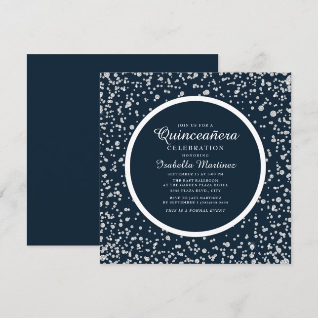 Invitación Purpurina de diamantes de plata azul de la marina  (Anverso / Reverso)
