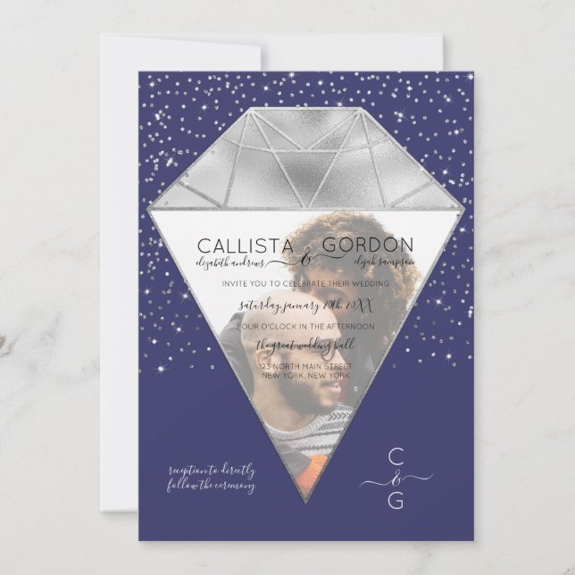 Invitación Purpurina  de diamantes de plata de la Marina Boda (Anverso)