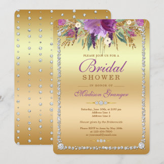 Invitación Purpurina de diamantes Flores de color de agua Duc