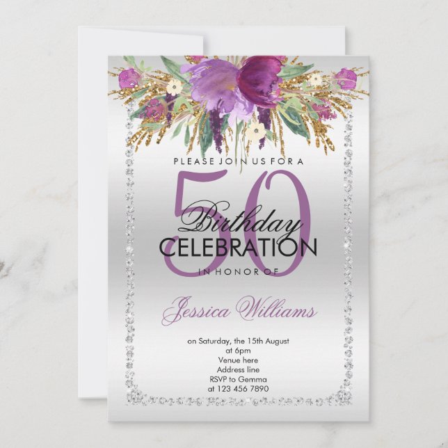 Invitación Purpurina de diamantes plateado Flores acuáticas C (Anverso)