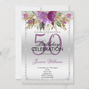 Invitación Purpurina de diamantes plateado Flores acuáticas C