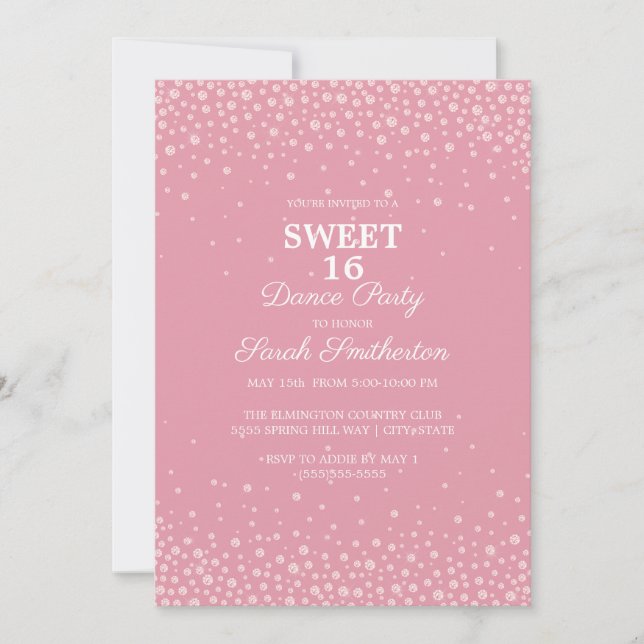 Invitación Purpurina de diamantes rosados de Rubor dulce Fies (Anverso)