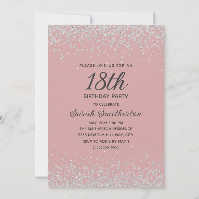Invitación Purpurina de diamantes Rubor rosado plateado 18º c (Anverso)