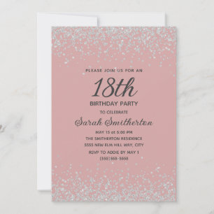 Invitación Purpurina de diamantes Rubor rosado plateado 18º c