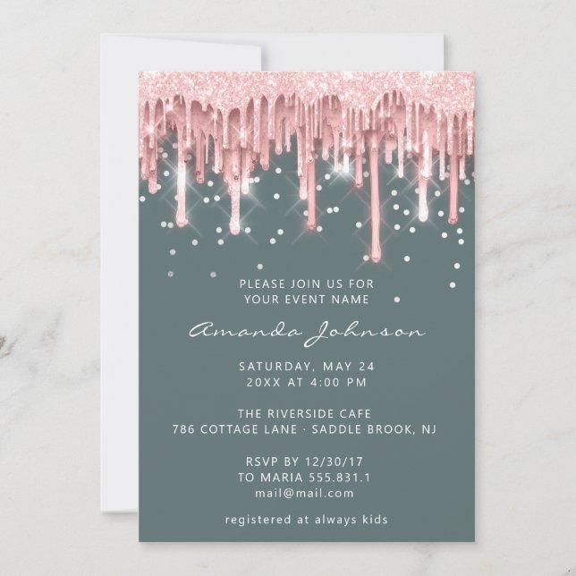 Invitación Purpurina de Drips Boda de novia Dulce 16 Rosa de  (Anverso)