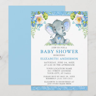 Invitación Purpurina de ducha de elefante azul acuarela