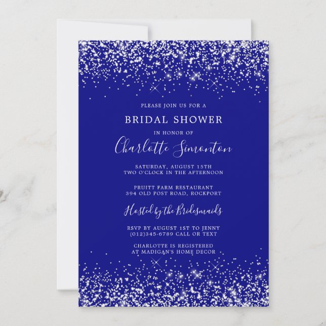 Invitación Purpurina  de ducha de novia Glam azul de la marin (Anverso)