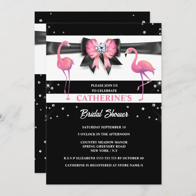 Invitación Purpurina de ducha de novia negro rosa Flamingo