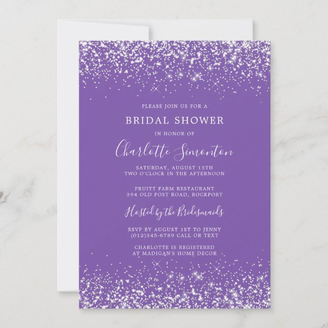 Invitación Purpurina de ducha de novia Silver Royal Purple (Anverso)