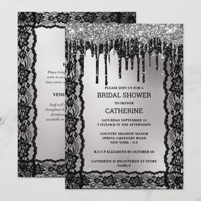 Invitación Purpurina de encaje plateado negro oscuro de lujo (Anverso / Reverso)