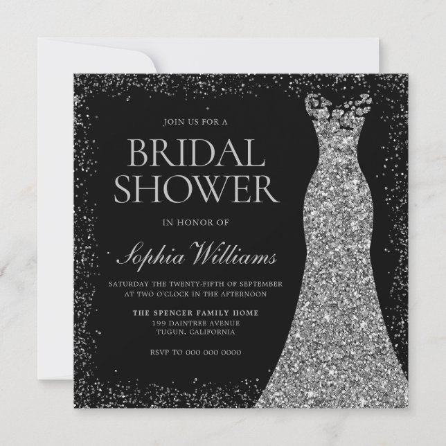 Invitación Purpurina De Esparkel Plata Vestido Ducha De Novia (Anverso)