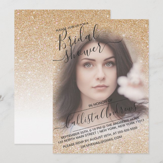 Invitación Purpurina de espárragos blancos de oro Foto ducha  (Anverso / Reverso)