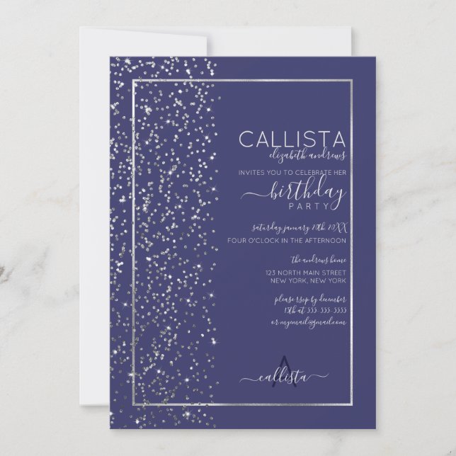 Invitación Purpurina de espárragos de plata marina Confetti S (Anverso)