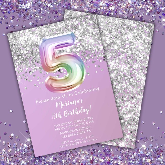 Invitación Purpurina de espuma arcoiris Chica 5º fiesta de cu (Subido por el creador)