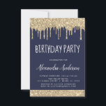 Invitación Purpurina de espuma azul de la marina de oro de cu<br><div class="desc">Personalizado de Purpurina de la Navy Blue and Gold Sparkly Dripping Cualquier Edad (13, 16, 18, 21, 30, 40, 50, 60) Invitación a la fiesta de cumpleaños para adultos, adolescentes o niños. Esta es la invitación perfecta para un cumpleaños divertido y a la moda para una elegante modernidad (trece, dieciséis,...</div>