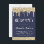 Invitación Purpurina de espuma azul de la marina de oro de cu<br><div class="desc">Personalizado de Purpurina de la Navy Blue and Gold Sparkly Dripping Cualquier Edad (13, 16, 18, 21, 30, 40, 50, 60) Invitación a la fiesta de cumpleaños para adultos, adolescentes o niños. Esta es la invitación perfecta para un cumpleaños divertido y a la moda para una elegante modernidad (trece, dieciséis,...</div>