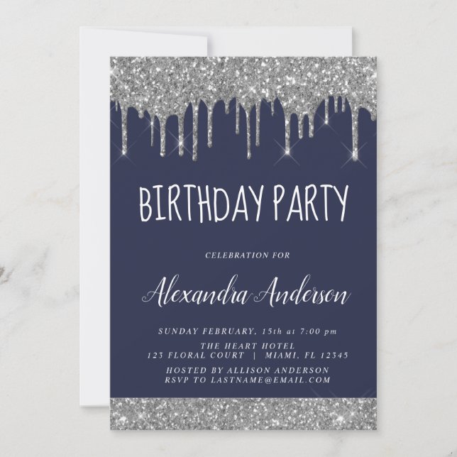 Invitación Purpurina de espuma azul de la marina de plata cua (Anverso)