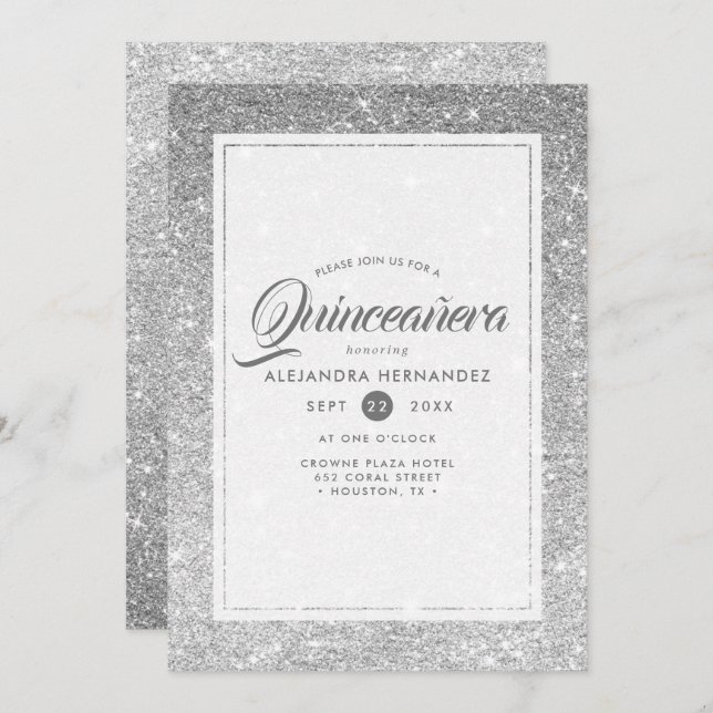 Invitación Purpurina de espuma de diamantes de plata elegante (Anverso / Reverso)