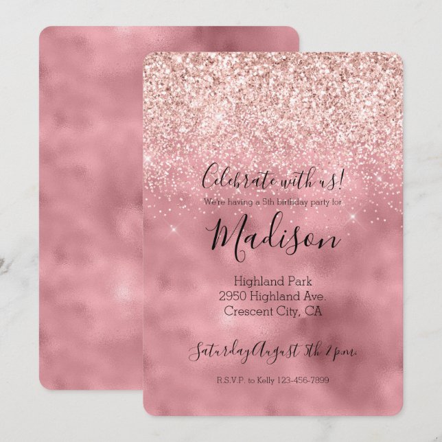 Invitación Purpurina de espuma de glam rosado (Anverso / Reverso)