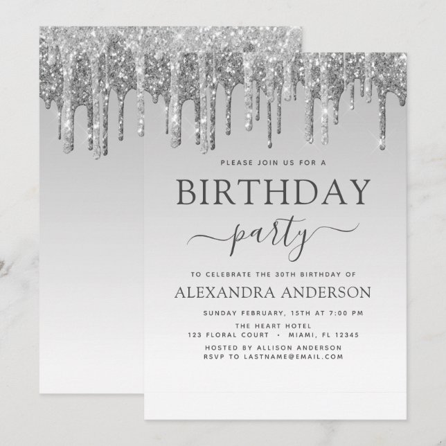Invitación Purpurina de espuma de plata Cualquier cumpleaños  (Anverso / Reverso)