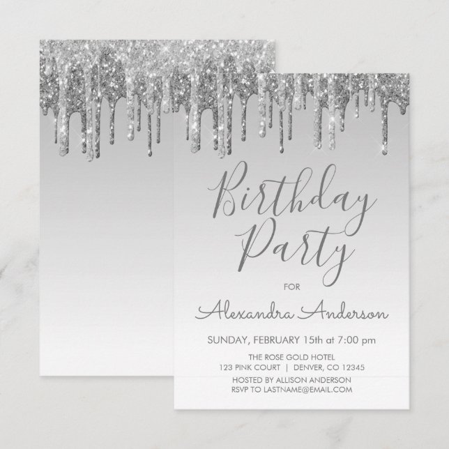 Invitación Purpurina de espuma de plata Cualquier cumpleaños  (Anverso / Reverso)