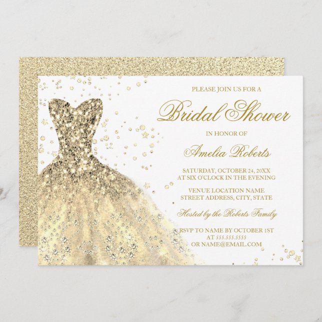 Invitación Purpurina de espuma dorada vestido ducha de novia (Anverso / Reverso)