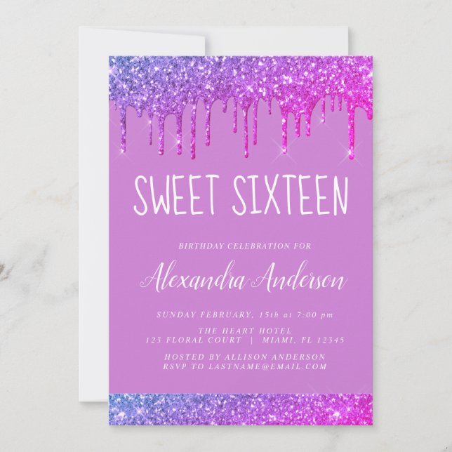 Invitación Purpurina de espuma morada rosa dulce dieciséis cu (Anverso)